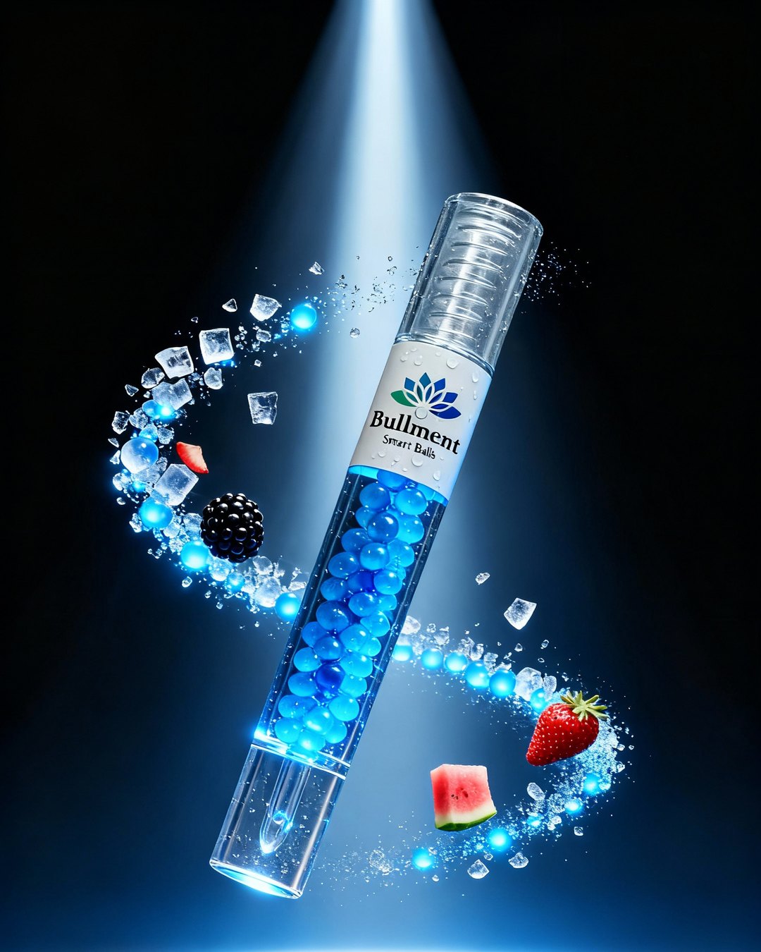Bullment Smart Balls tüpü — spot ışığında aroma topları ve meyveler